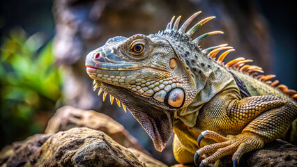 Fototapeta premium Close-up of a curious iguana with long sharp claws perched on a rock, displaying detailed scales and vibrant colors in a natural setting.