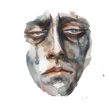 Emotional watercolor painting of a crying face, expressing sadness and sorrow with vivid brushstrokes and muted colors.