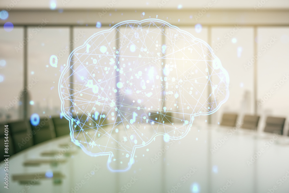 Poster double exposure of creative human brain microcircuit hologram on a modern boardroom background. futu
