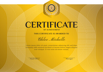 Elegant black and gold blue diploma certificate template with luxury badge and modern line pattern. For award, business, and education needs. Use for print, certificate, diploma, graduation.