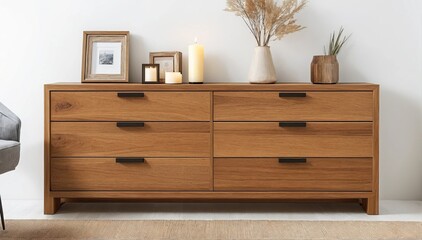 A wooden chest of drawers in a modern interior stands against a white wall. Home decor paraphernalia candles stand on a chest of drawers in the living room.