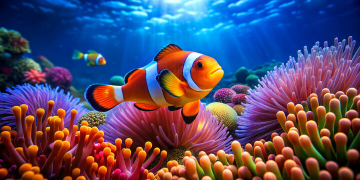 Colorful underwater landscape with clownfish among vibrant anemones, illuminated by sunrays.