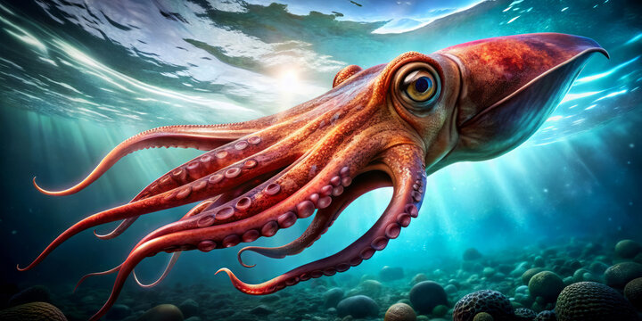 Colossal squid underwater, illuminated by sunrays, showcasing its beak and tentacles in a deep blue marine environment.