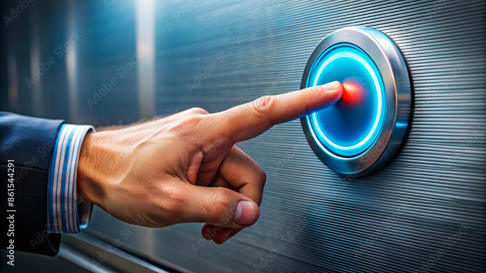 Aufkleber hand pressing a push button with a glowing blue light, depicting a modern and futuristic interaction