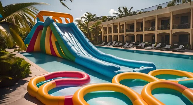 Inflatable slides in the pool.