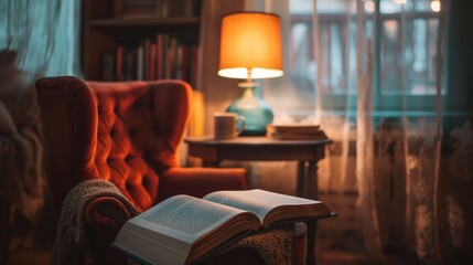 Cozy Reading Nook with Open Book and Warm Lamp Light in Living Room