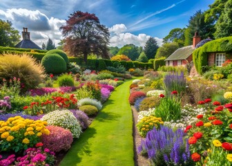 Scenic view of colourful flowers in bloom and a winding grass lawn path in a beautiful English style landscape garden on a summer day