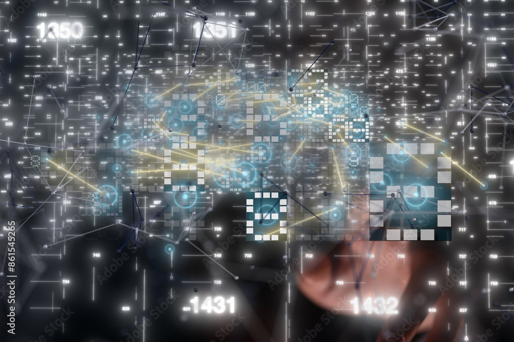 Poster Neural network 3D illustration. Big data and cybersecurity