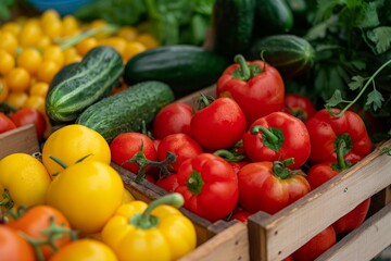 Bright vegetables at the farmer's market: tomatoes, peppers, cucumbers and greens