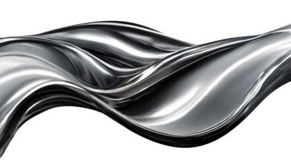 Abstract fluid metal bent form. Metallic shiny curved wave in motion. Cut out design element steel texture effect.
