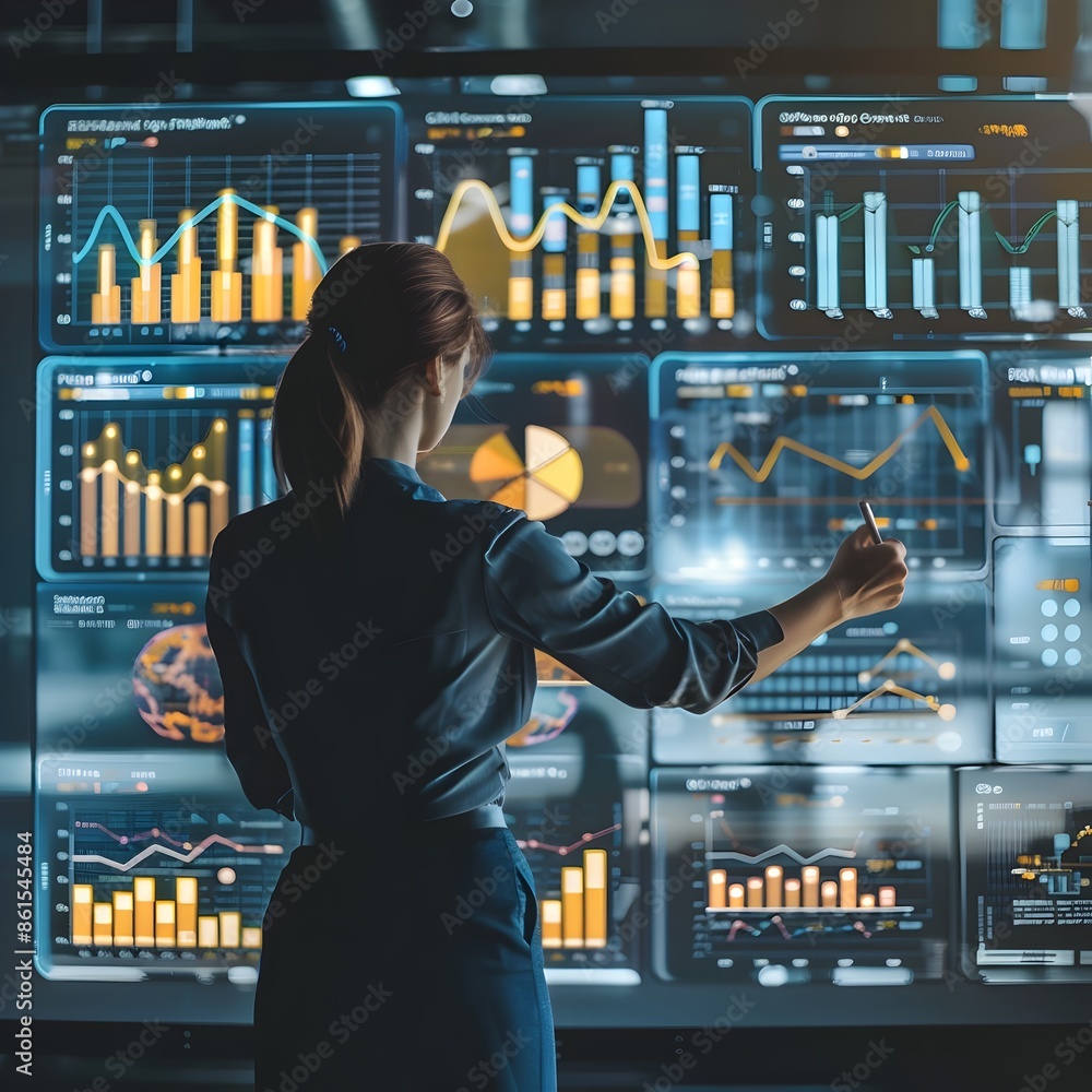 Poster financial advisor conducting interactive workshop with projected graphs and charts