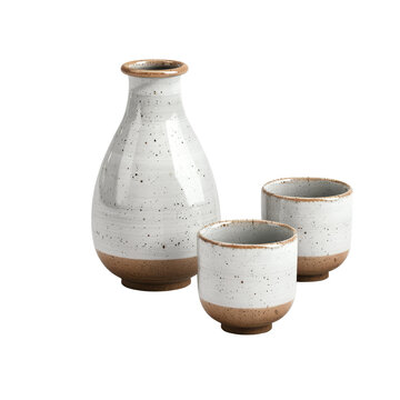 Ceramic sake set with bottles and cups on transparent background clipart