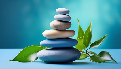 Obraz premium Stacked Stones and Green Leaves on a Blue Background