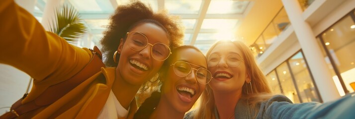Three smiling friends, wearing trendy glasses and casual clothing, take a selfie together indoors, capturing a joyful moment of friendship and fun.