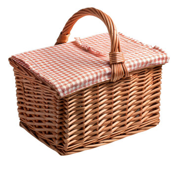 recommend clip art: Woven picnic basket with a checkered cloth lining and a hinged lid on transparent background clipart