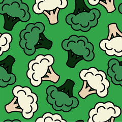Seamless background of broccoli and cauliflower. The pattern. Delicious and healthy vegetables. Vegetarianism. Vector illustration.