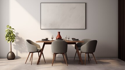 A Modern Minimalist Dining Table And Chairs With A Blank Banner On The Wall.