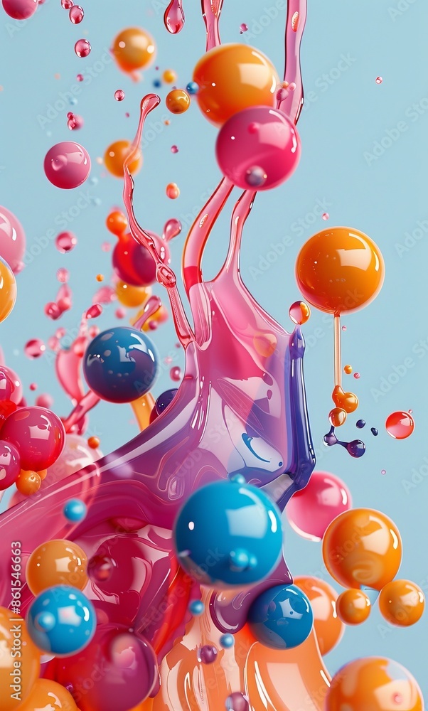 Poster Abstract 3D liquid and spheres background with colorful bubbles and splashes