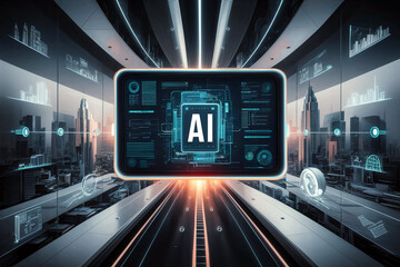 Obraz premium Clean and minimalist illustration of AI computing technology in business, featuring computer screens displaying AI data and surrounded by a futuristic cityscape. 
