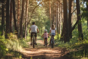 Obraz premium Family on a bike ride in the forest, active recreation and health
