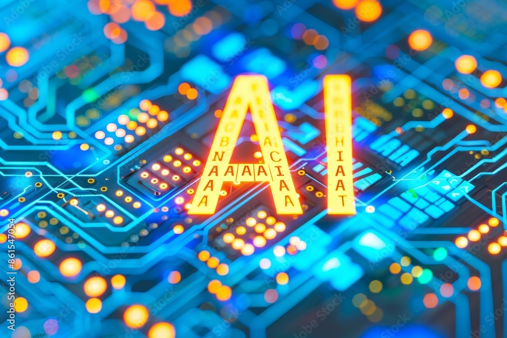 Poster 3d illustration of ai letters glowing on a colorful circuit board, symbolizing the integration of ar