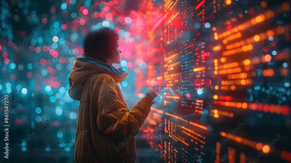 Poster person setting financial goals on futuristic digital dashboard with glowing data streams