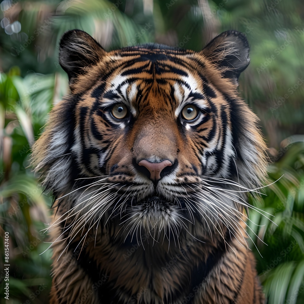 Canvas Prints Striking Close up Portrait of a Majestic Tiger Showcasing Its Powerful Gaze in a Lush Jungle Setting