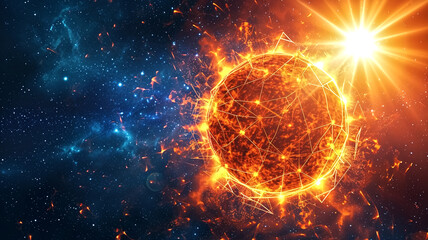 Fototapeta premium Glowing Sun in Space with Fiery Solar Flares and Starry Background