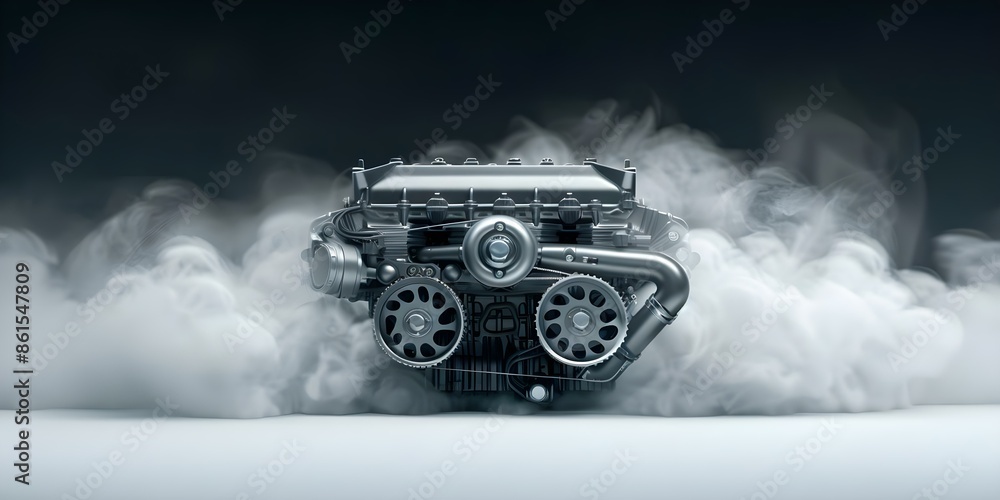 Poster isolated running internal combustion engine with smoke car part and fictional graphics. concept car 