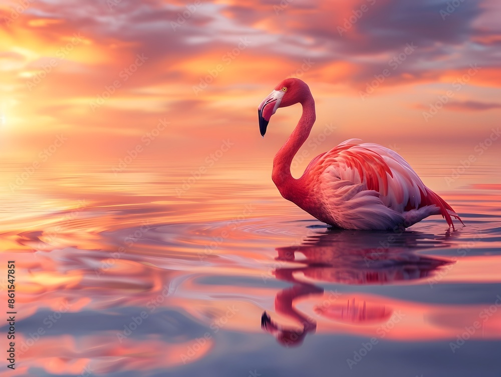 Sticker Graceful Flamingo Reflected in Vibrant Sunset Waters