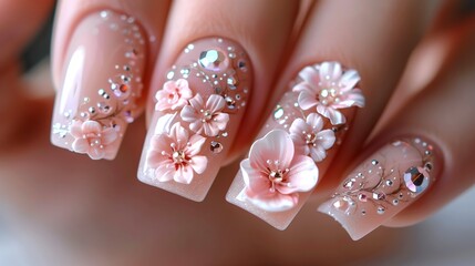 Exquisite Floral Nail Art with 3D Flowers and Gems
