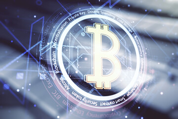 Virtual Bitcoin hologram on blurry abstract metal background. Multiexposure