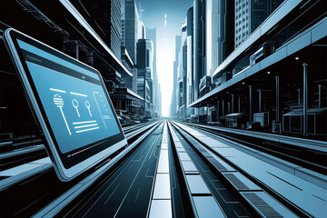 Fototapeta premium Clean and minimalist illustration of AI computing technology in business, featuring computer screens displaying AI data and surrounded by a futuristic cityscape. 