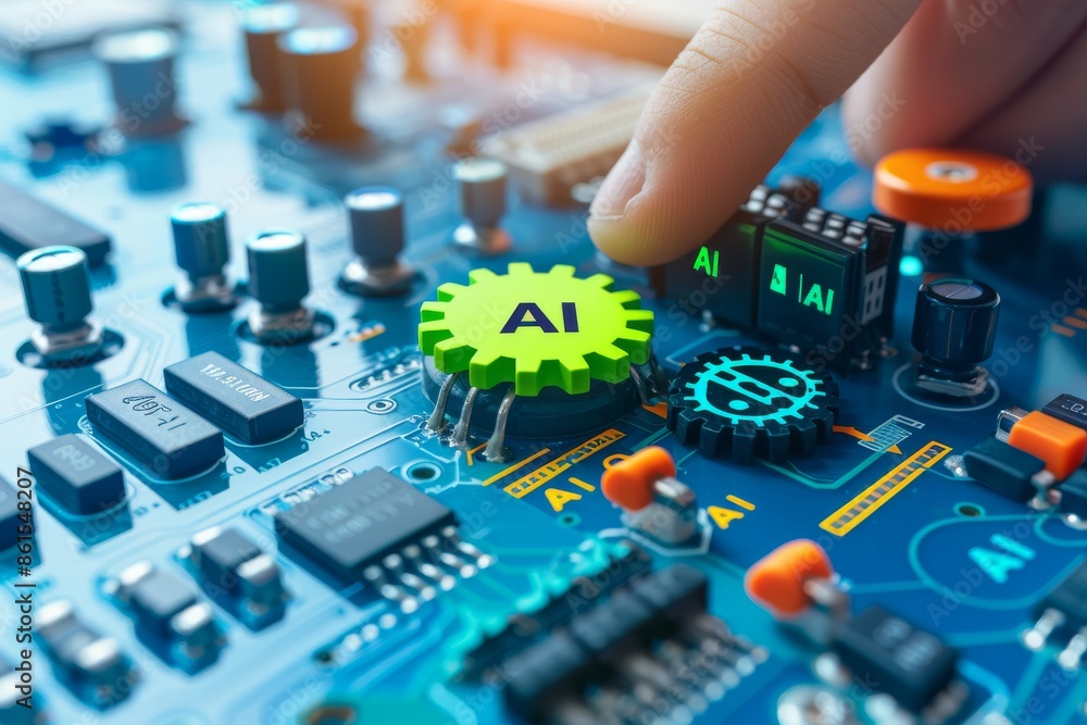 Poster close up photo of a hand adjusting an ai chip on a circuit board, representing the integration of ar