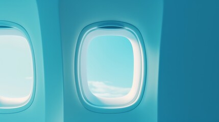 Airplane window concept Blue background, view from the window