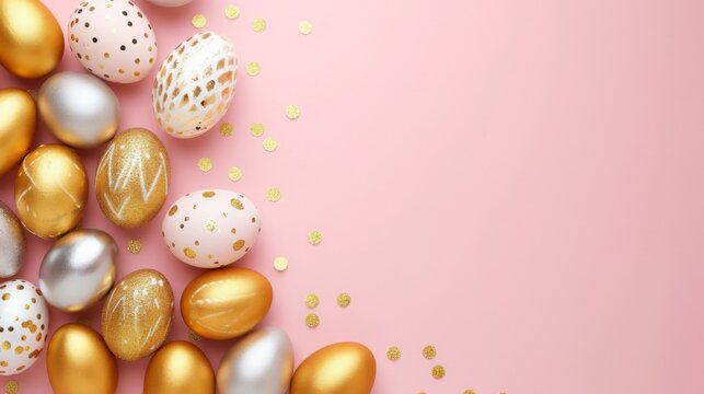 Gold and silver Easter eggs on a pink background