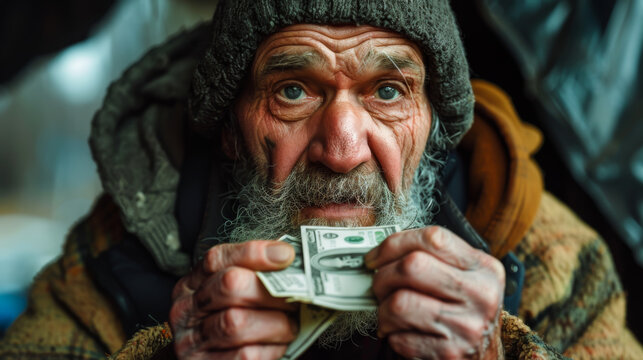 A homeless poor man holds money in his hands on the street. A poor man found a bill on the street. Poverty concept.