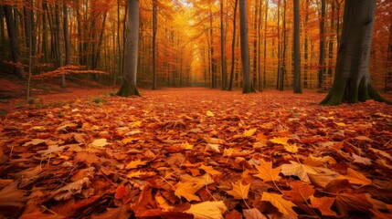 Autumnal forest with vibrant fall foliage and a carpet of leaves on the ground