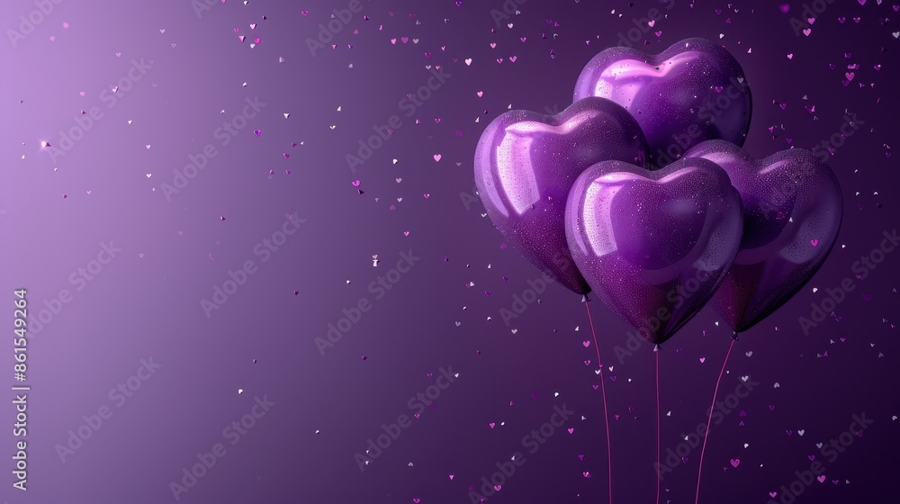 Poster a bunch of heart-shaped purple balloons floating against a background filled with sparkling particle