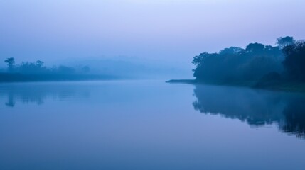 Serene river bank at dawn