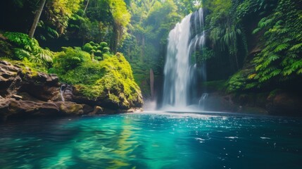 A tropical rainforest waterfall cascading down into a crystal-clear pool, surrounded by lush greenery