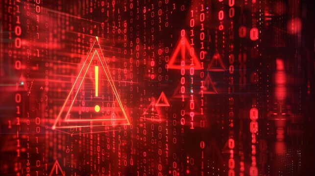 Cyber security concept with binary code background and red exclamation mark