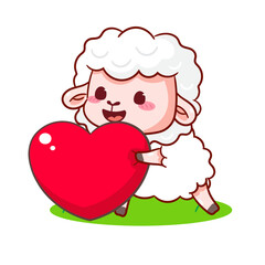 Cute Sheep Holding big love heart Cartoon Character. Adorable and Kawaii Animal Vector Illustration. Isolated White Background. Icon Mascot Concept Design.