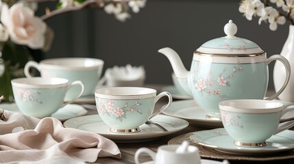 Fototapeta premium An elegant tea set with delicate porcelain cups and a teapot, arranged on a beautifully set table