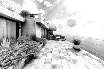  Abstract black and white architectural sketch of an ancient temple with intricate details and surroundings, high resolution