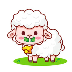 Cute Sheep Eating Grass Cartoon Character. Adorable and Kawaii Animal Vector Illustration. Isolated White Background. Icon Mascot Concept Design.