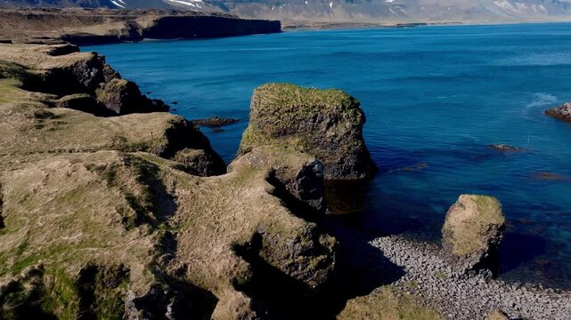 Aerial View of Cliffs Between Arnarstapi and Hellnar. Stunning Snaefellsnes Regional Park, Iceland