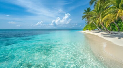 Fototapeta premium A tropical paradise beach with crystal-clear waters, white sand, and palm trees swaying in the breeze
