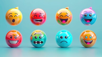 Emoji ball icons set on Blue Surface happy sad mad love. Customer service satisfaction rating emoticons collection