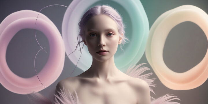 woman dressed in flower makeup and circular aurora background